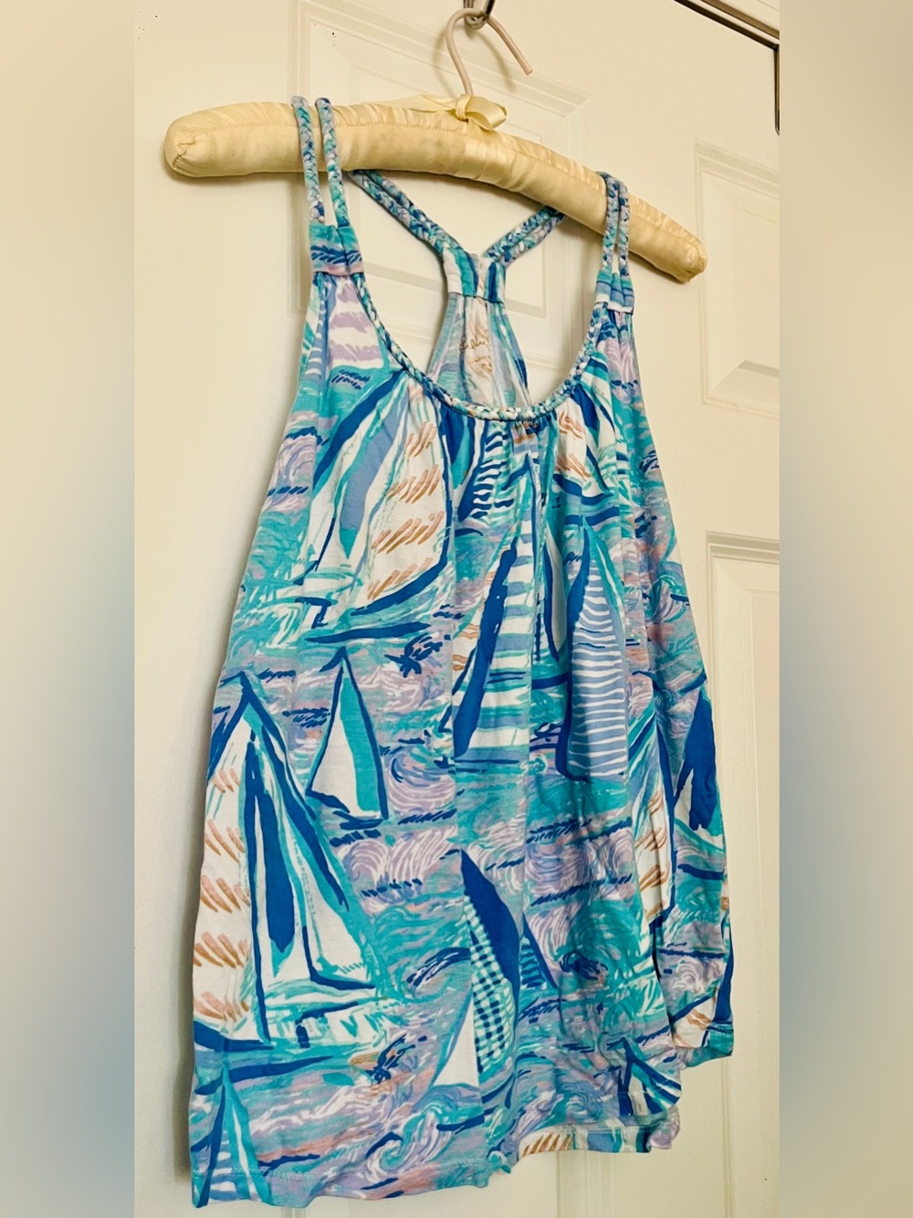 Lilly Pulitzer Aleida Top in the "Aboat Time" sailboat print braided strap